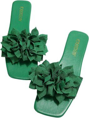 Women's Green 3D Floral Square Open Toe Single Band Casual Slip on Flats Slides